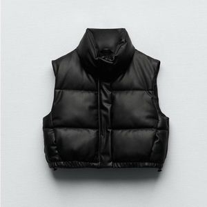 Zara Cropped Faux Leather Puffer Vest - Black - XS